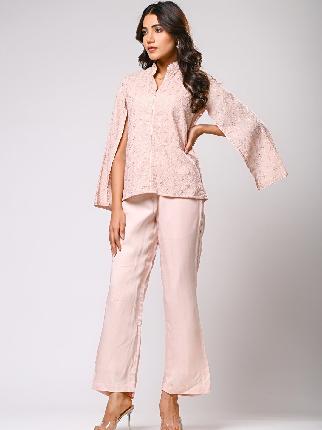 Rose Pink Cotton Shiffli Open Sleeves Co-ord Set